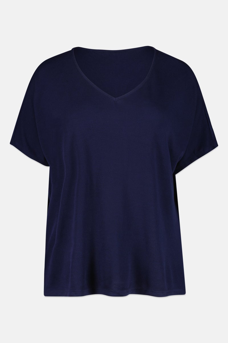 Tchibo Women Round Neck Short Sleeve Textured Top, Navy - Image 4